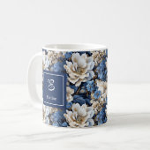 Classic Blue White Flowers Custom Name Coffee Mug コーヒーマグカップ (正面左)