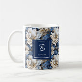 Classic Blue White Flowers Custom Name Coffee Mug コーヒーマグカップ (左)