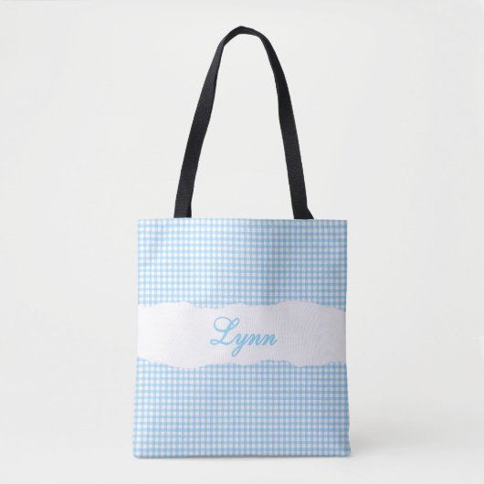 Classic Blue & White Gingham | Personalized Name トートバッグ (正面)