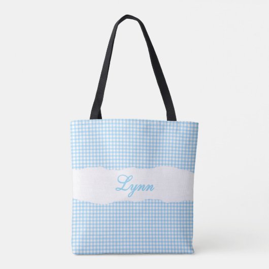 Classic Blue & White Gingham | Personalized Name トートバッグ (裏面)