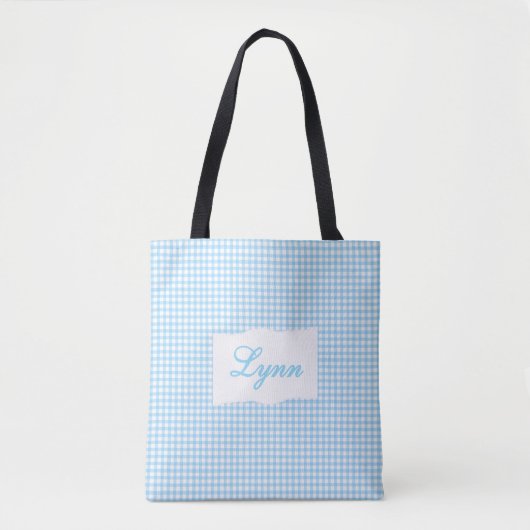 Classic Blue & White Gingham | Personalized Name トートバッグ (正面)