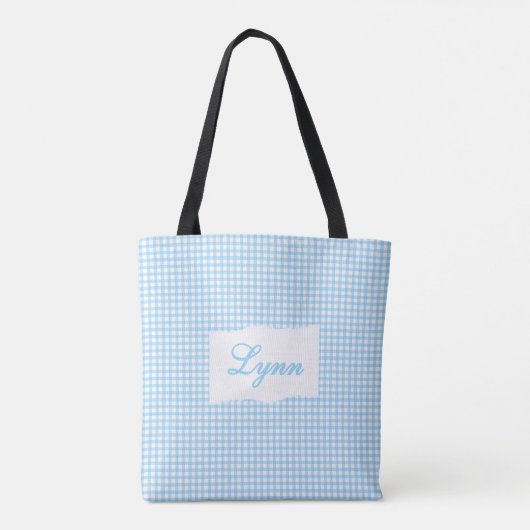 Classic Blue & White Gingham | Personalized Name トートバッグ (裏面)