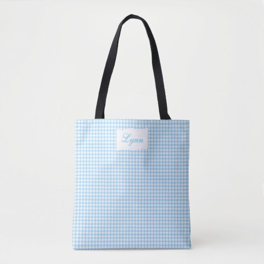 Classic Blue & White Gingham | Personalized Name トートバッグ (正面)