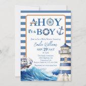 Classic Blue White Nautical Sailboat Baby Shower 招待状 (正面)