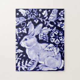Classic Blue & White Rabbit & Birds Animal Floral ジグソーパズル