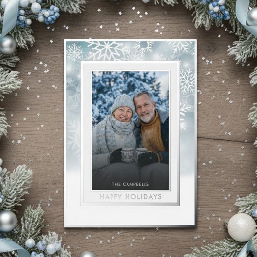 Classic Blue White Snowflake Happy Holidays Photo 箔シーズンカード