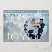 Classic Blue White Snowflake Joyful Bulb Photo 箔シーズンカード (正面)