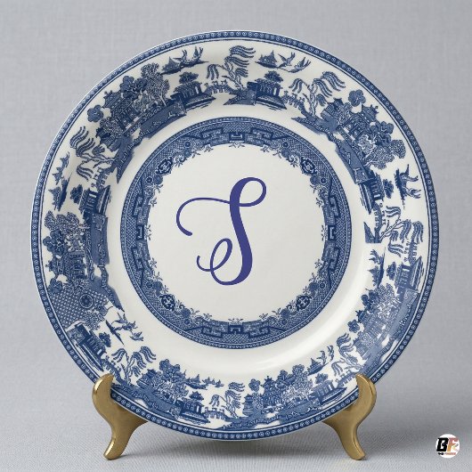 Classic Blue Willow Pattern Custom Script Monogram ペーパープレート