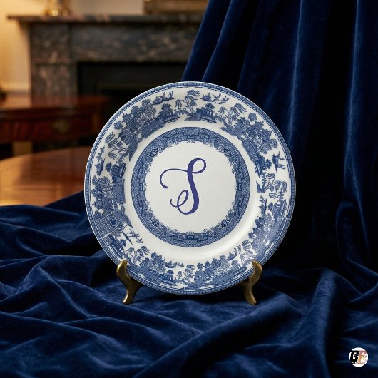 Classic Blue Willow Pattern Custom Script Monogram ペーパープレート
