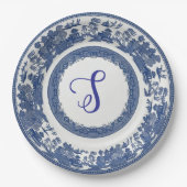 Classic Blue Willow Pattern Custom Script Monogram ペーパープレート (正面)