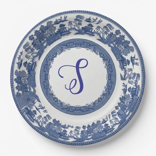 Classic Blue Willow Pattern Custom Script Monogram ペーパープレート (正面)