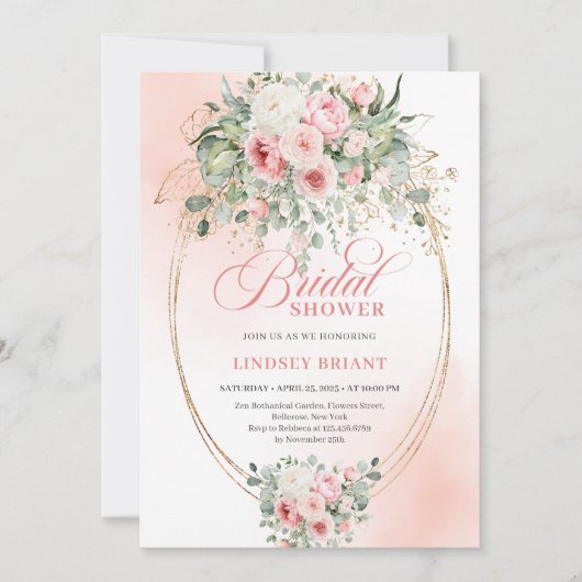 Classic Blush and Gold Floral Bridal Shower Invite 招待状 (正面)