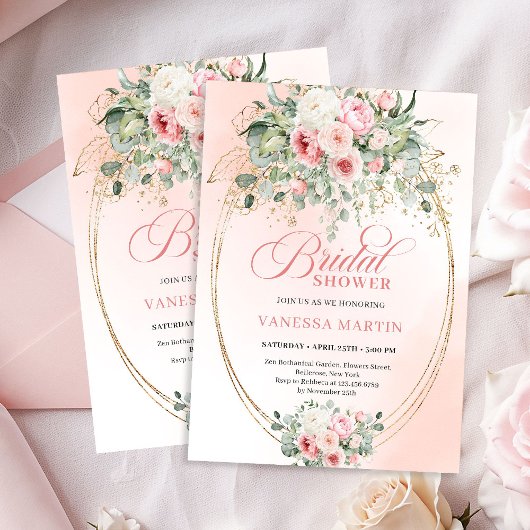 Classic Blush and Gold Floral Bridal Shower Invite 招待状