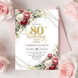 Classic Blush Burgundy Floral 80th Birthday Invite 招待状