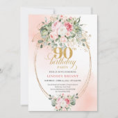 Classic Blush Floral Greenery Gold 90th Birthday  招待状 (正面)