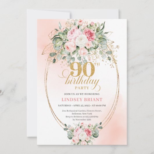 Classic Blush Floral Greenery Gold 90th Birthday  招待状 (正面)