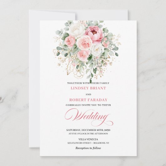 Classic Blush Peonies Gold Floral Wedding Invite 招待状 (正面)