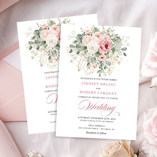 Classic Blush Peonies Gold Floral Wedding Invites 招待状