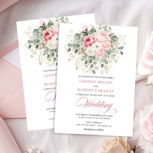 Classic Blush Peonies Greenery Gold Wedding Invite 招待状