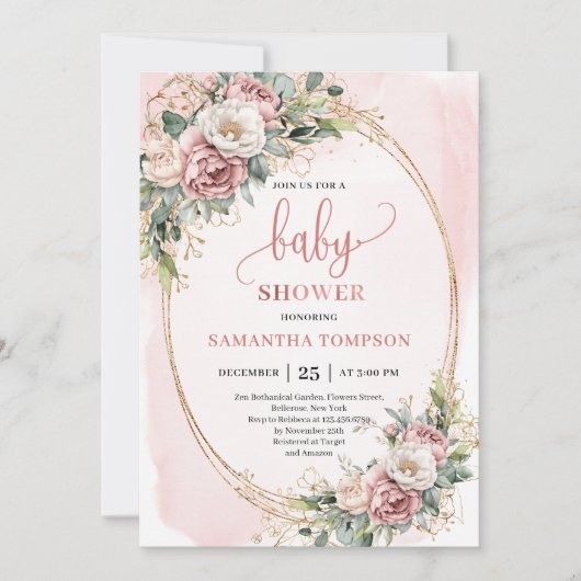 Classic Blush Pink Floral Eucalyptus Baby Shower 招待状 (正面)