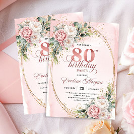 Classic Blush Pink Flowers Greenery 80th Birthday 招待状