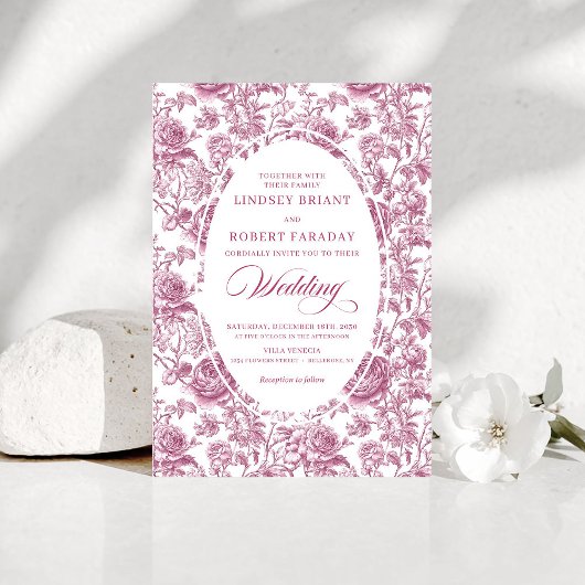 Classic Blush Rose Toile Floral Wedding Invitation 招待状