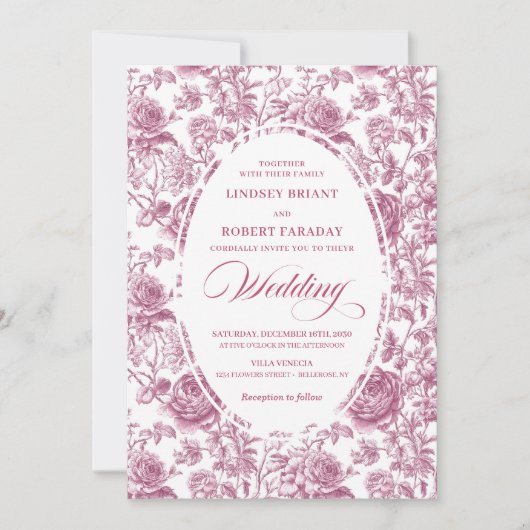 Classic Blush Rose Toile Floral Wedding Invitation 招待状 (正面)