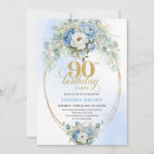 Classic Bohemian Blue Flowers 90th Birthday Invite 招待状 (正面)