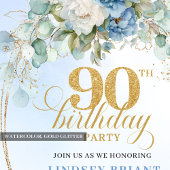 Classic Bohemian Blue Flowers 90th Birthday Invite 招待状