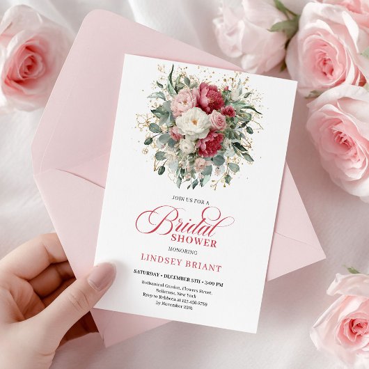 Classic Bohemian Burgundy Blush Gold Bridal Shower 招待状