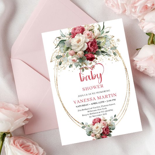 Classic Bohemian Crimson Red White Gold Floral   招待状