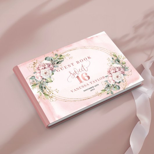 Classic Bohemian Pink Floral Greenery Sweet 16 ゲストブック