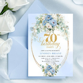 Classic Boho Blue Floral Eucalyptus 70th Birthday 招待状