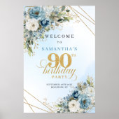 Classic boho blue florals eucalyptus 90th birthday ポスター (正面)