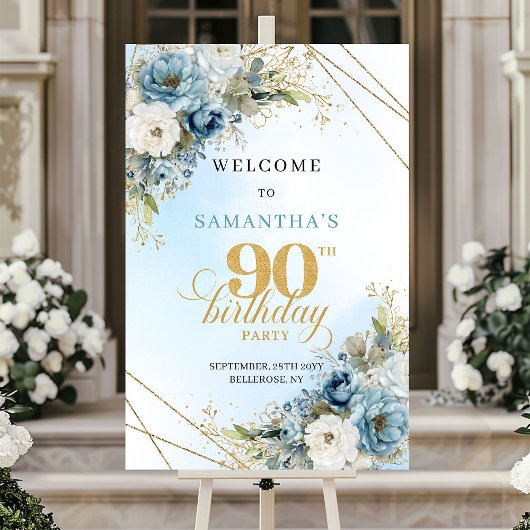 Classic boho blue florals eucalyptus 90th birthday ポスター