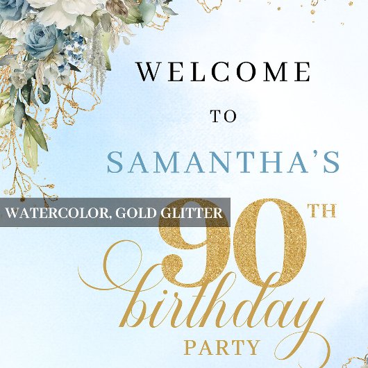 Classic boho blue florals gold frame 90th birthday ポスター