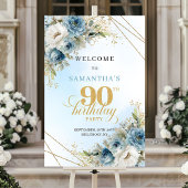 Classic boho blue florals gold frame 90th birthday ポスター