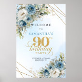 Classic boho blue florals gold frame 90th birthday ポスター (正面)