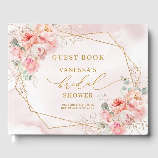 Classic Boho Blush Gold Frame Roses Bridal Shower ゲストブック (正面)