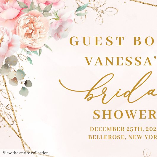 Classic Boho Blush Gold Frame Roses Bridal Shower ゲストブック