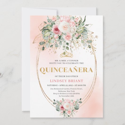 Classic Boho Blush Pink Floral Rustic Quinceañera 招待状 (正面)