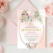 Classic Boho Blush Pink Floral Rustic Quinceañera 招待状