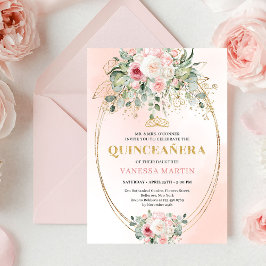 Classic Boho Blush Pink Floral Rustic Quinceañera 招待状