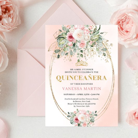 Classic Boho Blush Pink Floral Rustic Quinceañera 招待状