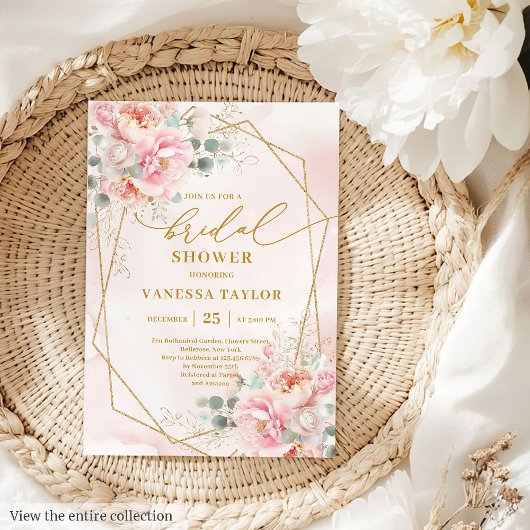 Classic Boho Blush Pink Gold Frame Bridal Shower  招待状