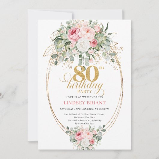 Classic Boho Blush Roses 80th Birthday Invitation  招待状 (正面)