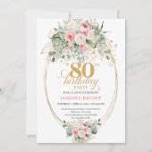 Classic Boho Blush Roses Gold 80th Birthday Invite 招待状 (正面)