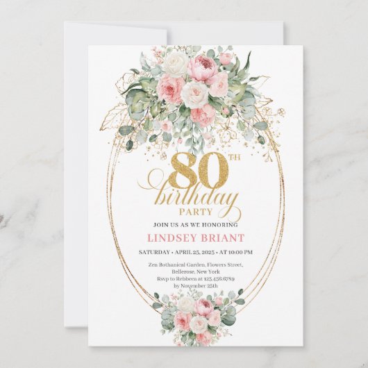 Classic Boho Blush Roses Gold 80th Birthday Invite 招待状 (正面)
