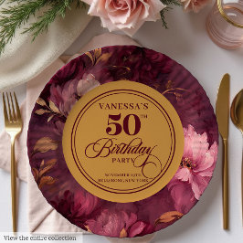 Classic Boho Burgundy Blush Gold 50th Birthday  ペーパープレート