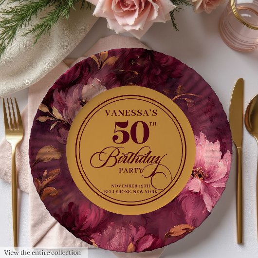 Classic Boho Burgundy Blush Gold 50th Birthday  ペーパープレート